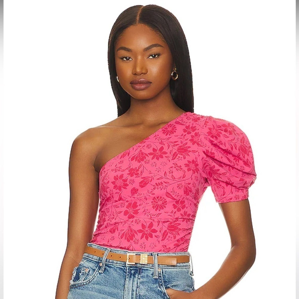 Free People Hot Pink One-Shoulder Floral Puff Sleeve Bodysuit